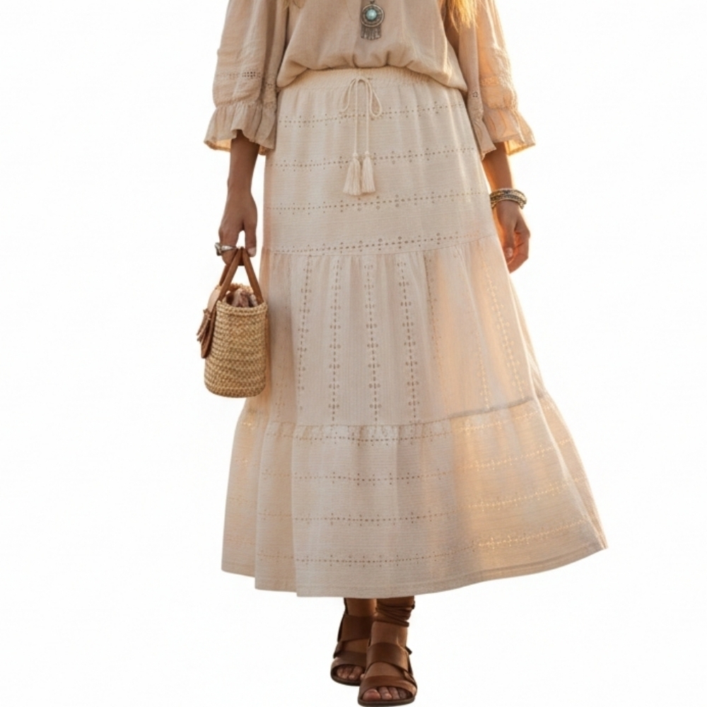 Cato Ivory Eyelet Tiered Maxi Skirt Boho Cottagecore Cream Size L